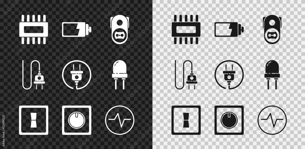 Poster set processor with microcircuits cpu, battery charge level indicator, electrical outlet, light switc