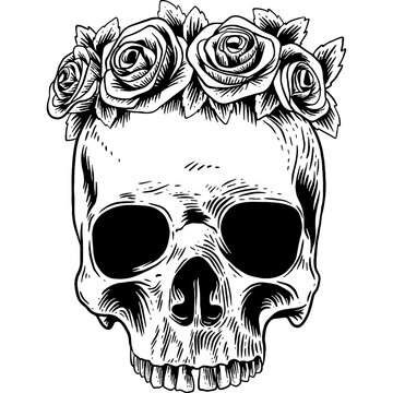Hand drawn Skull with Flower Crown