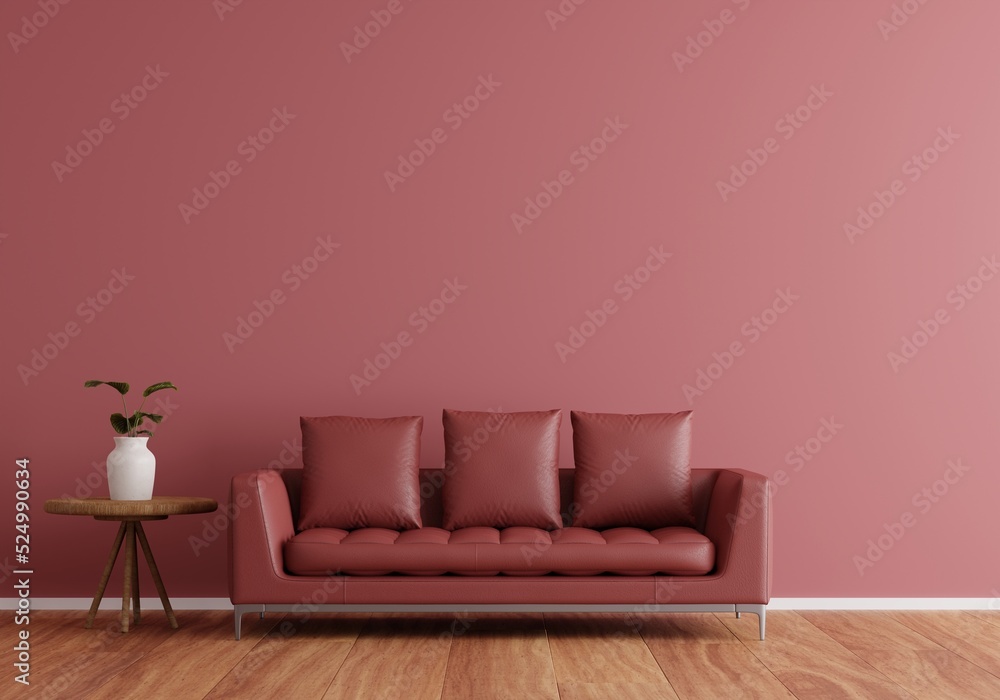 Wall mural contemporary living room interior design with a dark pink sofa with dark pink background