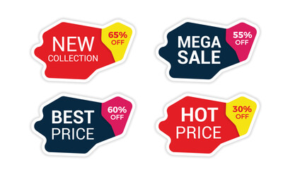 New collection, mega sale, best price and hot price red sale tags. Sticker and ribbon design template  