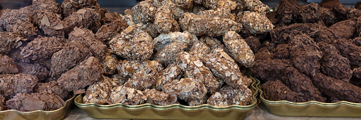 Panorama of Belgian milk and dark chocolate truffles