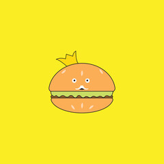 illustration burger with crown, eyes, mustache, and mouth.