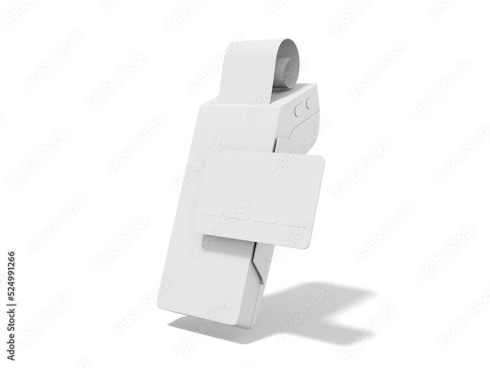 Poster white pos terminal with credit card and check. modern machine for cashless payment. device for nfc p