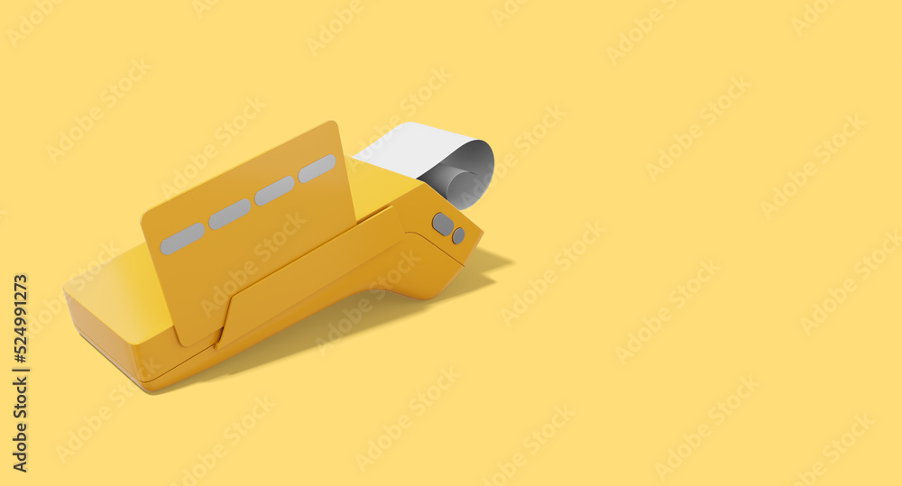 Poster device for nfc pay. yellow pos terminal with credit card and check. modern machine for cashless paym