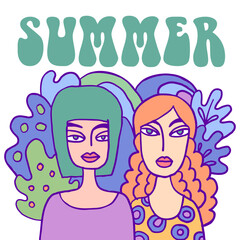 hand drawn print with two girls. Design for poster, sticker, wall part, print, clothing print, t shirt