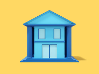 Blue administrative building with columns, bank, city hall on a yellow background. 3d rendering.