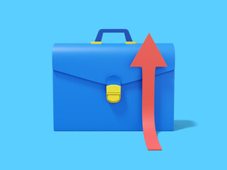 Blue briefcase with rising red arrow on blue background. Front view. Portfolio icon. 3D rendering.