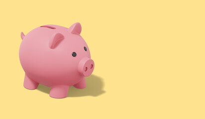 Pink piggy bank on yellow background. Accumulation of savings icon. Banner, space for text. 3D rendering.