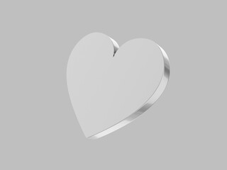Flat metal heart. Silver one color. Symbol of love. On a plain gray background. Bottom view. 3d rendering.