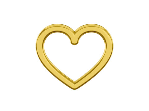 Toy metal heart. Golden single color. Symbol of love. On a white monochrome background. Front view. 3d rendering.