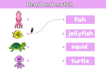 Educational game for kids. Read, match pictures and words. Learning English words. Worksheet for preschool and school education. Vector illustration.