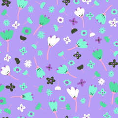 Seamless cartoon abstract flowers pattern. Color floret on violet background. Hand-drawn plant, petals. Stylized peonies, roses, tulips ,chamomile. Summer romantic floral ornament. Vector illustration