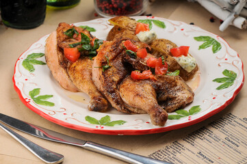 fried chicken legs in a plate with tomatoes
