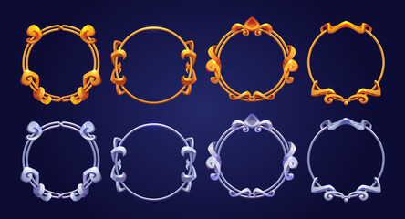Vintage circle golden and silver frames for rpg game avatars and elements. Empty fantasy golden and metal borders in medieval style isolated on background, vector cartoon set