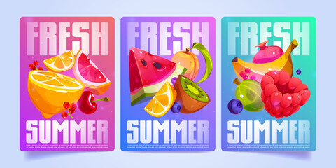 Fresh summer posters with fruit slices and berries. Vector promotion banners, advertising flyers with cartoon illustration of banana, watermelon, orange, apricot, kiwi and blueberry