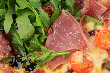 pizza with ham and cheese macro photo
