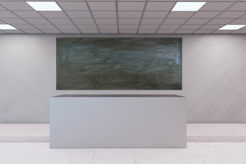 Modern concrete classroom interior with desk and empty mock up blackboard. Back to school and interior concept. 3D Rendering.