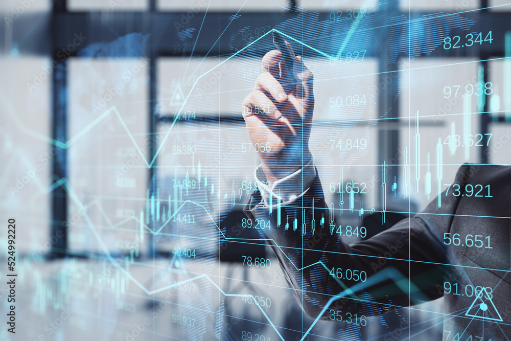 Poster businessman hand using and pointing at abstract glowing forex chart, map and arrows on index hologram, blurry office interior background, with digital pen.