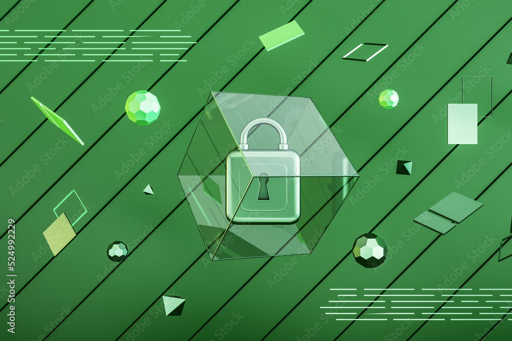 Poster modern web protection green background with padlock and other icons. secure, safety and web browser 