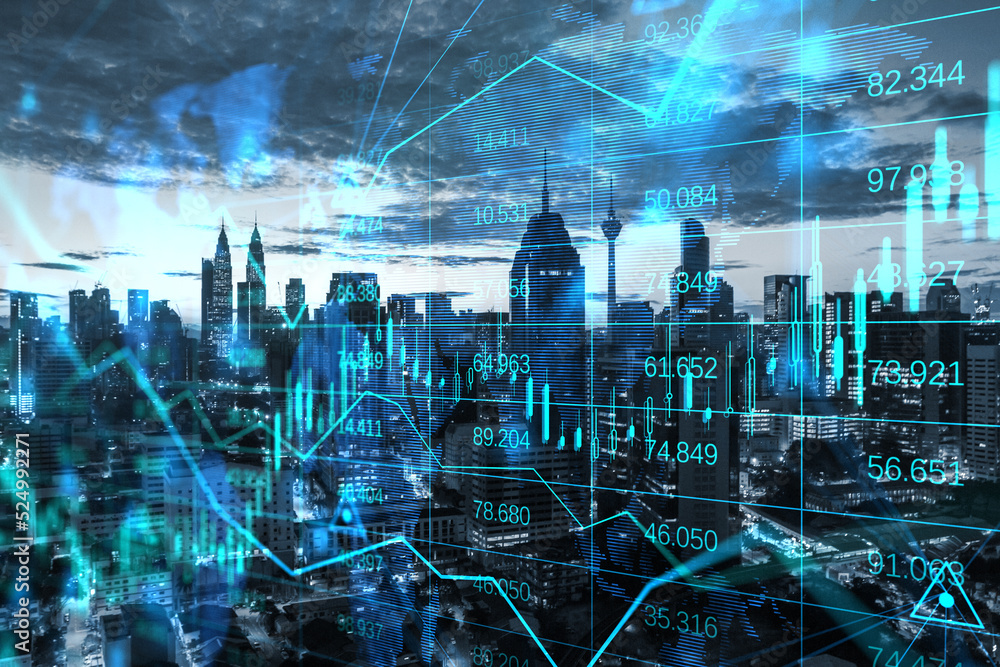 Poster creative modern city skyline backdrop with abstract glowing forex chart, map and arrows on index hol
