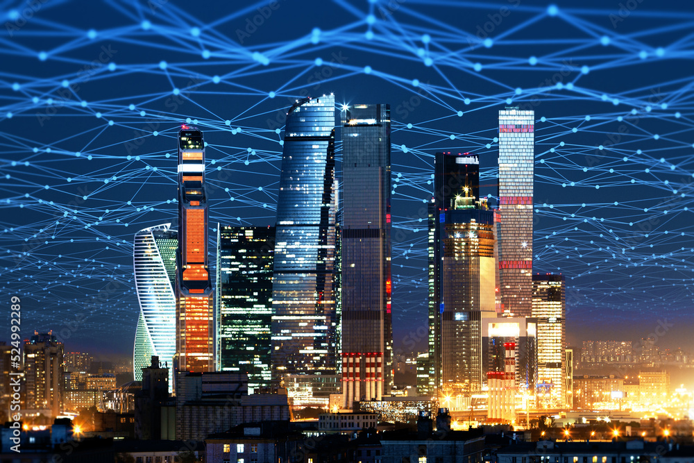 Poster abstract polygonal mesh city skyline backdrop. smart city and web network concept. double exposure.