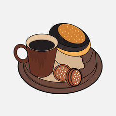 Food breakfast eat menu restaurant. Biscuits and coffee cup colorful illustration 
