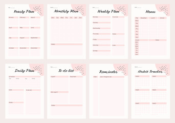 8 set of pink abstract planners printable template with pink ellements. yearly daily weekly monthly personal planner template. menu to do list reminder habit tracker template