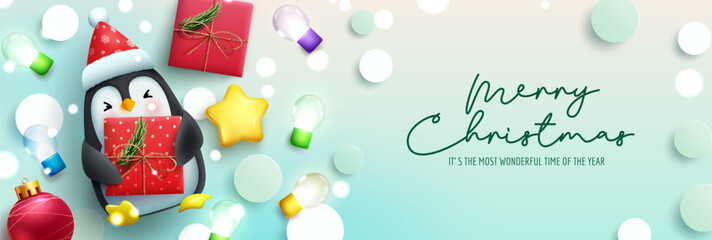 Christmas season vector background design. Merry christmas text with penguin character, gifts and light elements for xmas winter holiday greeting. Vector illustration.  © Zeinous