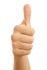 Male hand with thumb up isolated on white.