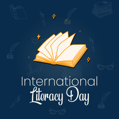 international literacy day with books, ink, pen isolated on dark background.