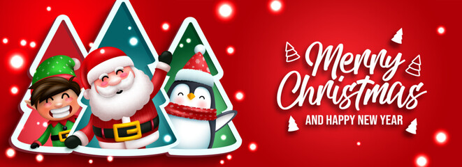 Christmas character greeting vector design. Merry christmas text with santa claus, penguin and elf characters in xmas tree element for holiday season celebration. Vector illustration.
