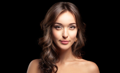 Naklejka premium Close up portrait of Beautiful Long Hair Young Woman Looking at Camera. Captured in Studio on Black Background