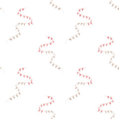 Watercolor pattern with red and beige garlands of flags isolated.