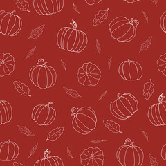 pumpkin and leaves seamless pattern hand drawn in doodle. vegetables in a simple line style