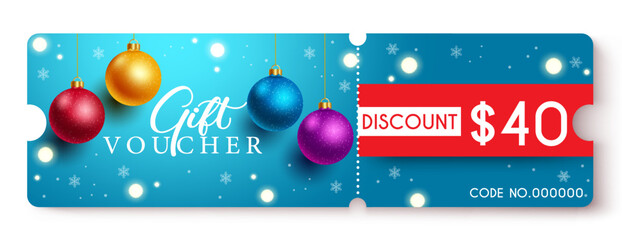 Christmas gift voucher design. Christmas gift voucher with discount $40 text and colorful xmas balls for holiday celebration promo certificate coupon. Vector illustration. 
