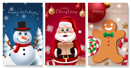 Christmas character vector poster set. Merry christmas characters collection with santa claus, snowman and ginger bread cute characters for xmas text greeting. Vector illustration.
