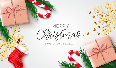 Christmas greeting vector background design. Merry christmas text with xmas gift, candy cane, stocking and snowflakes elements for holiday season messages. Vector illustration.
