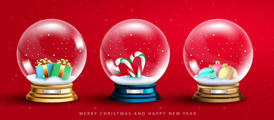 Christmas crystal ball vector set. 3d realistic snow balls with gifts and candy cane in red background for xmas decoration collection design. Vector illustration.
