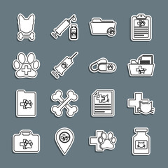 Set line Cat medicine bottle, Veterinary clinic, Medical veterinary record folder, Syringe with pet vaccine, Dog and bone and pills icon. Vector