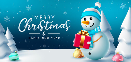 Christmas snowman greeting vector design. Merry christmas typography text with cute snow man character giving gift in outdoor snow and for winter holiday eve. Vector illustration.
 - obrazy, fototapety, plakaty