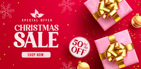 Fototapeta na wymiar Christmas sale vector banner design. Christmas sale special offer text in price discount promo with seasonal gifts elements for holiday shopping ads. Vector illustration. 