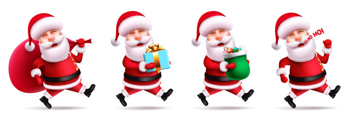 Santa christmas character vector set. Santa claus 3d characters with running, laughing and holding gifts pose and gestures for xmas friendly collection design. Vector illustration.
