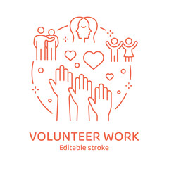 Volunteer work concept icon. Charity, trust, foundation vector line illustration. Editable stroke.