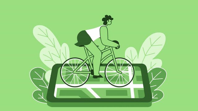 Green Style Woman Flat Character Speed Riding Bike with Smartphone. Isolated Loop Animation with Alpha Channel