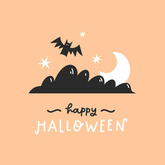 Happy Halloween hand drawn lettering with bat and moon. 
