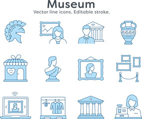 Museum icons such as sculpture, antiques, statue, exhibition and more. Vector illustration isolated on white. Editable stroke.