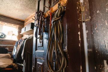 Lather horse equipment hanging on wall in stable