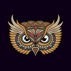 Stylized owl head in ethnic vector dark background 