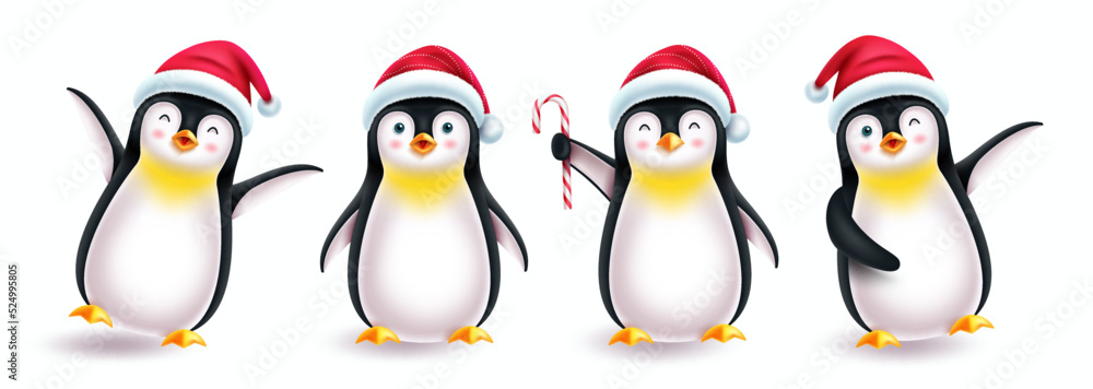 Poster penguin christmas characters vector set. penguin 3d character in friendly and cute pose and gestures