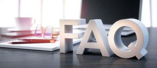 3D render of a FAQ sign on a office workplace background - obrazy, fototapety, plakaty